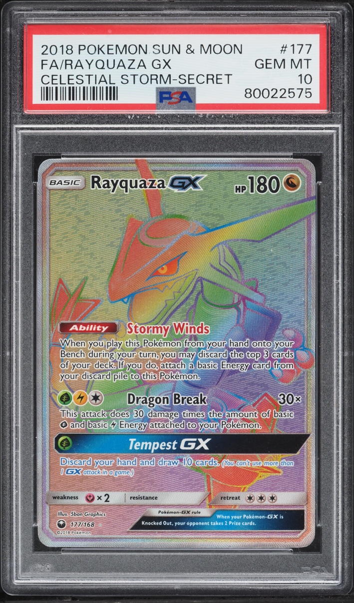 2018 Pokemon Sun & Moon Celestial Storm Rainbow Rare Rayquaza GX #177 PSA 10 GEM MINT