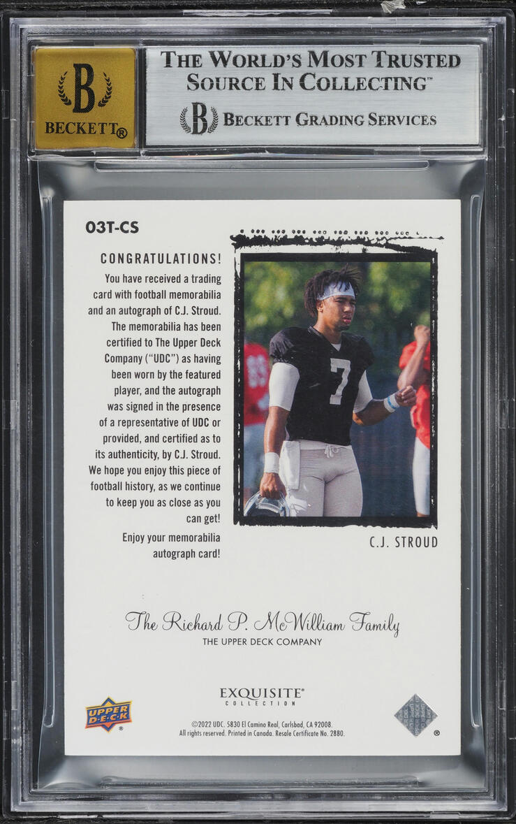 2023 UD Goodwin Champions Exquisite Collection CJ Stroud RC PATCH AUTO /5 BGS 9
