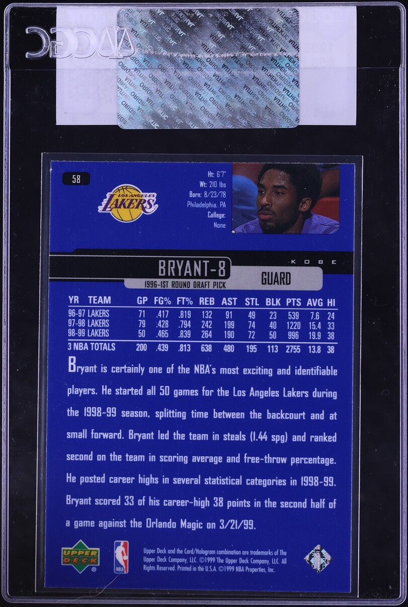 1999 Upper Deck Basketball Kobe Bryant #58 CGC AUTH