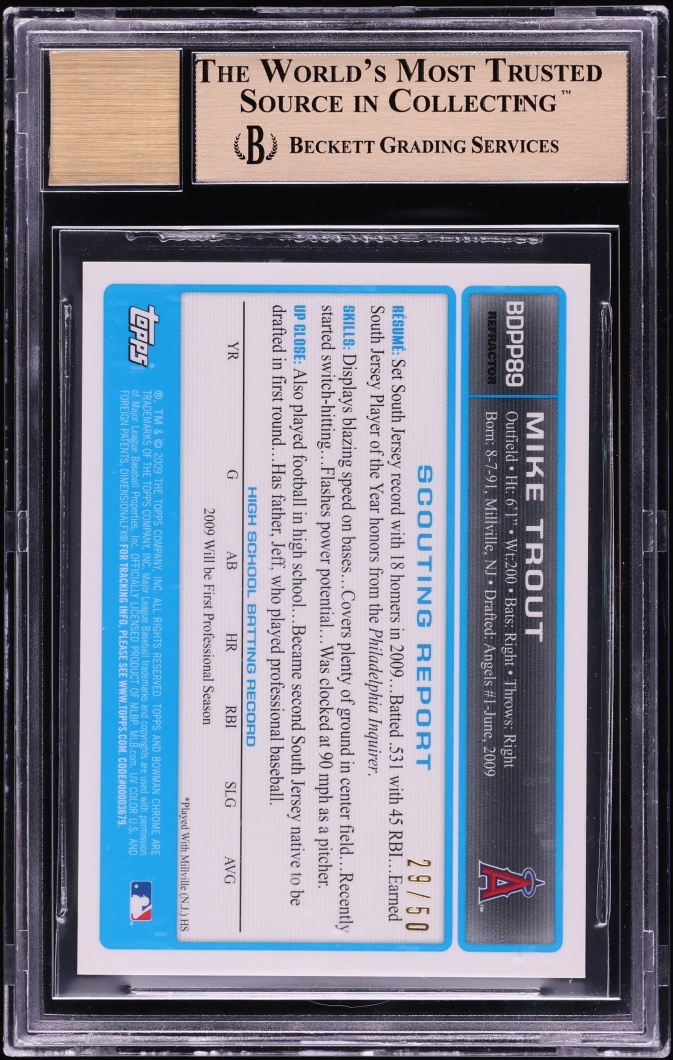 2009 Bowman Chrome Draft Gold Refractor Mike Trout PROSPECT AUTO /50 #BDPP89 BGS 9.5 GEM MINT