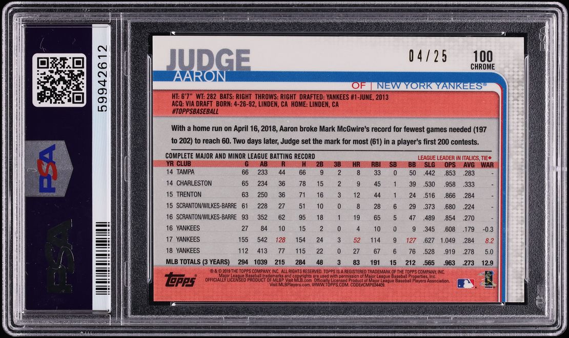 2019 Topps Chrome Orange Refractor Aaron Judge /25 #100 PSA 9 MINT - Photo 2