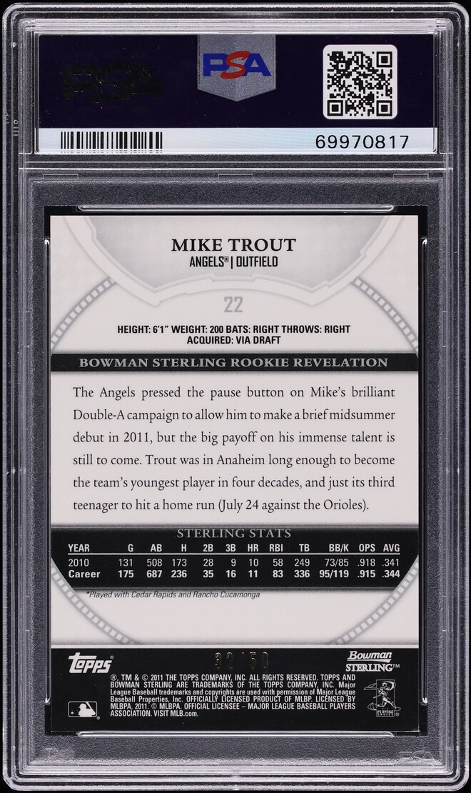 2011 Bowman Sterling Gold Refractor Mike Trout ROOKIE /50 #22 PSA 8 NM-MT - Photo 2