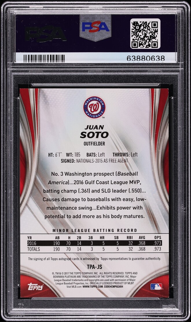 2017 Bowman Platinum Juan Soto PROSPECT AUTO #TPA-JS PSA 8 NM-MT - Photo 2