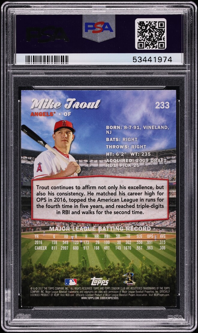 2017 Stadium Club With Puppy Variation Mike Trout #233 PSA 8 NM-MT - Photo 2