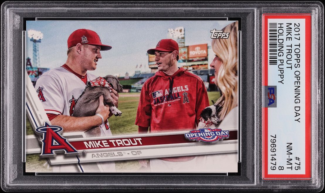 2017 Topps Opening Day Holding Puppy Mike Trout #75 PSA 8 NM-MT - Photo 1