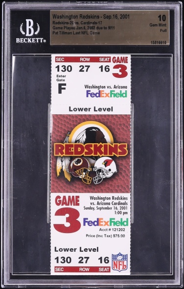 2001 Redskins Vs Cardinals Full Ticket Delayed Due To 9/11 Pat Tillman Last NFL Game BGS 10 GEM - Photo 1
