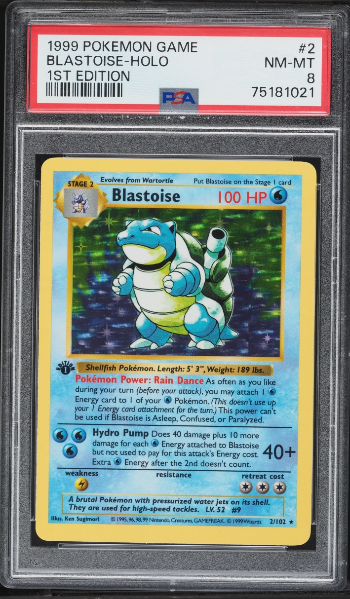 1999 Pokemon Base Set Shadowless 1st Edition Holo Blastoise #2 PSA 8 NM-MT