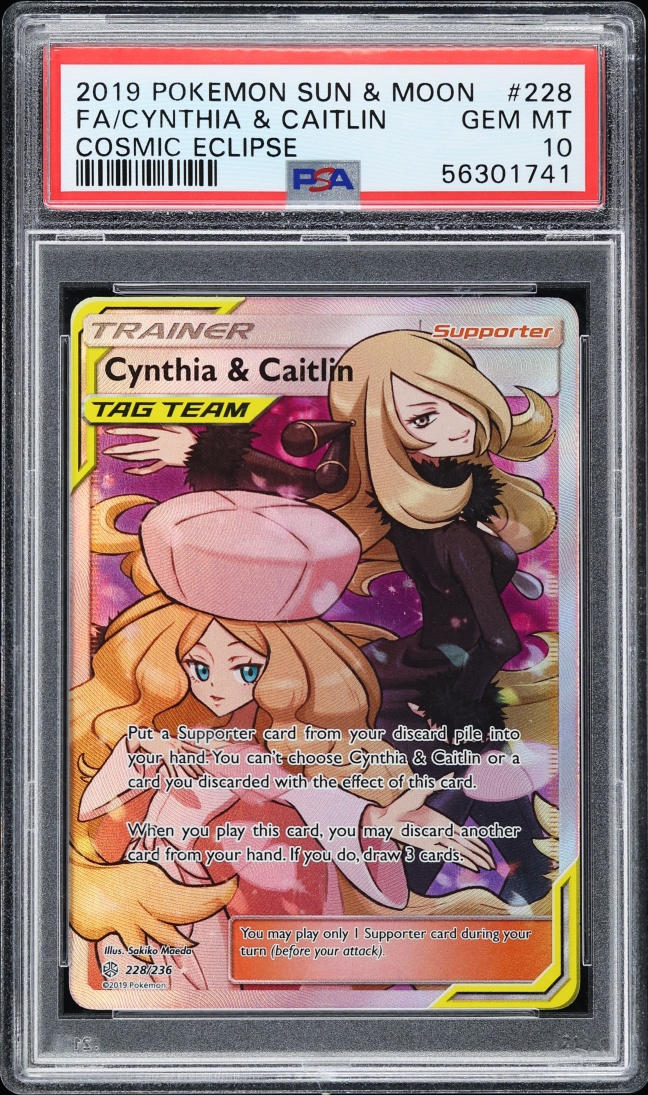 2019 Pokemon Sun & Moon Cosmic Eclipse Full Art Cynthia & Caitlin #228 PSA 10 GEM MINT