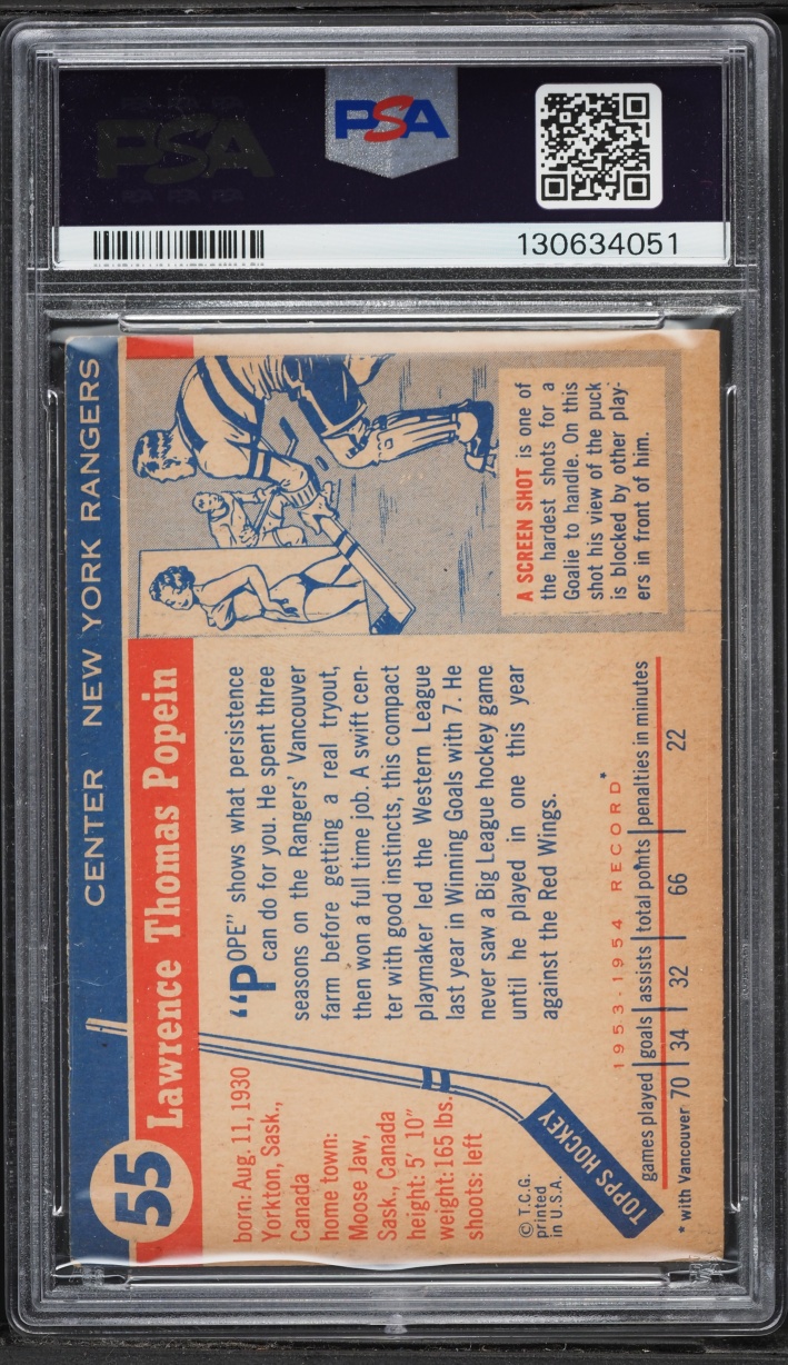 1954 Topps Hockey Larry Popein ROOKIE #55 PSA 4 VGEX