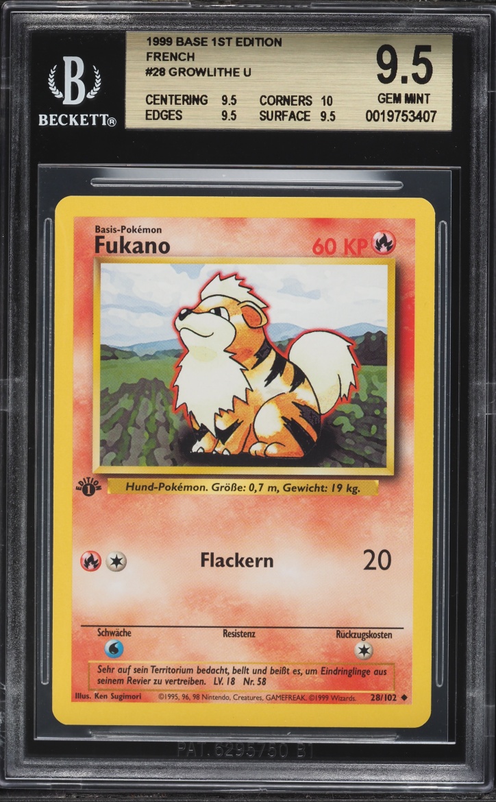 1999 Pokemon French Base Set 1st Edition Growlithe #28 BGS 9.5 GEM MINT