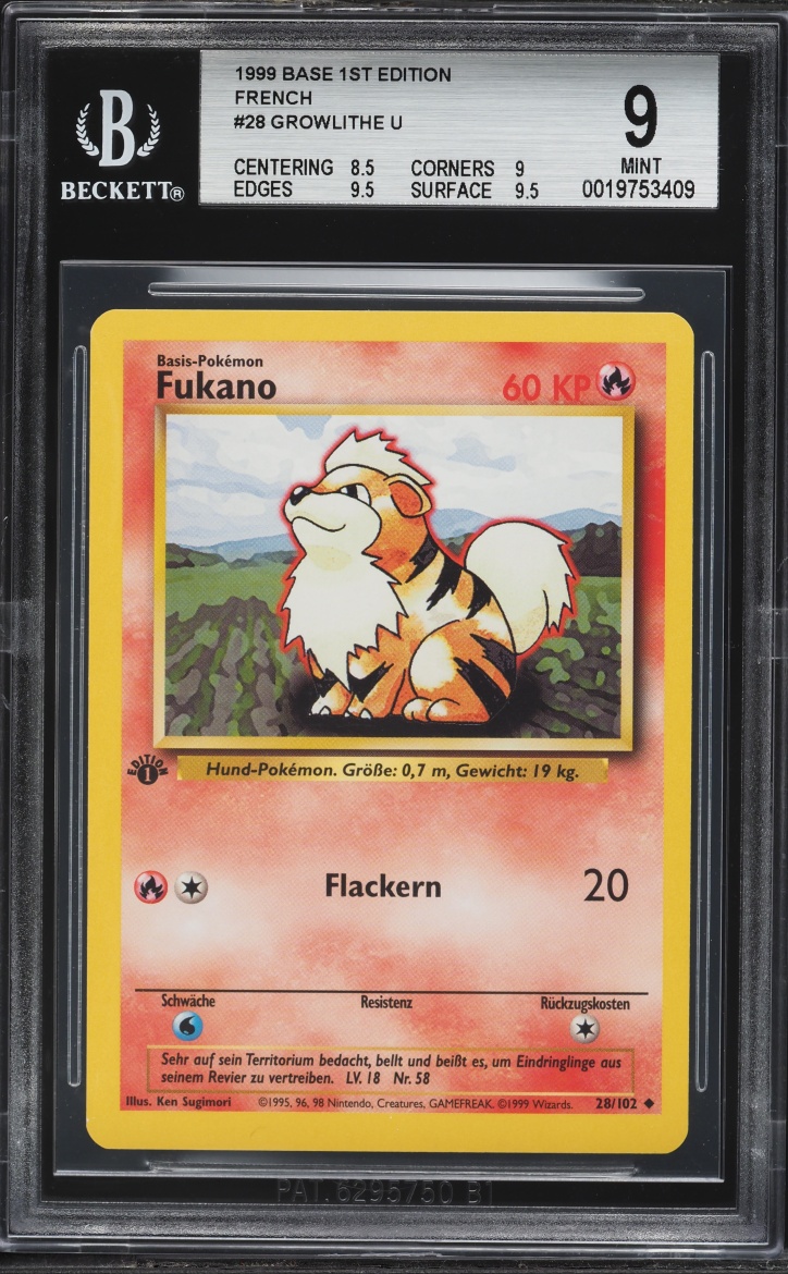 1999 Pokemon Base 1st Edition French Growlithe U #28 BGS 9 MINT