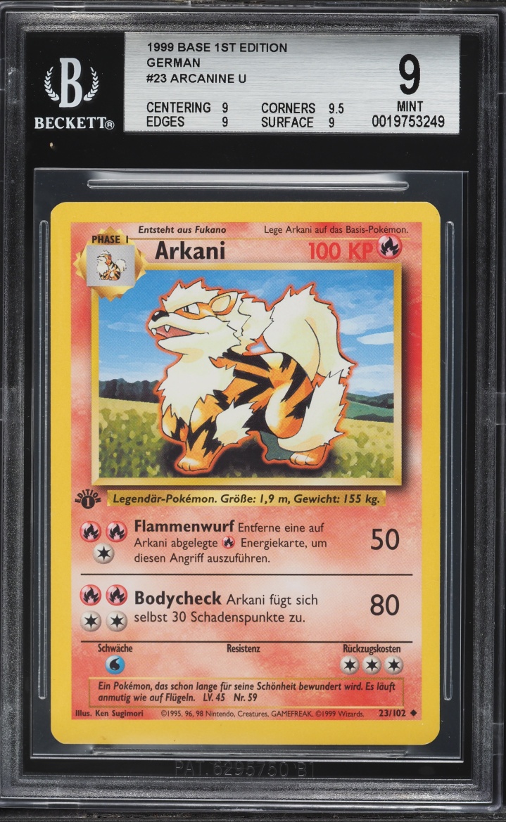 1999 Pokemon German Base Set 1st Edition Arcanine Arkani #23 BGS 9 MINT
