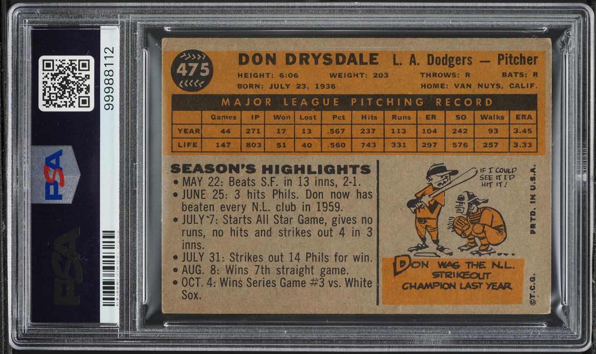1960 Topps Don Drysdale #475 PSA 4 VGEX