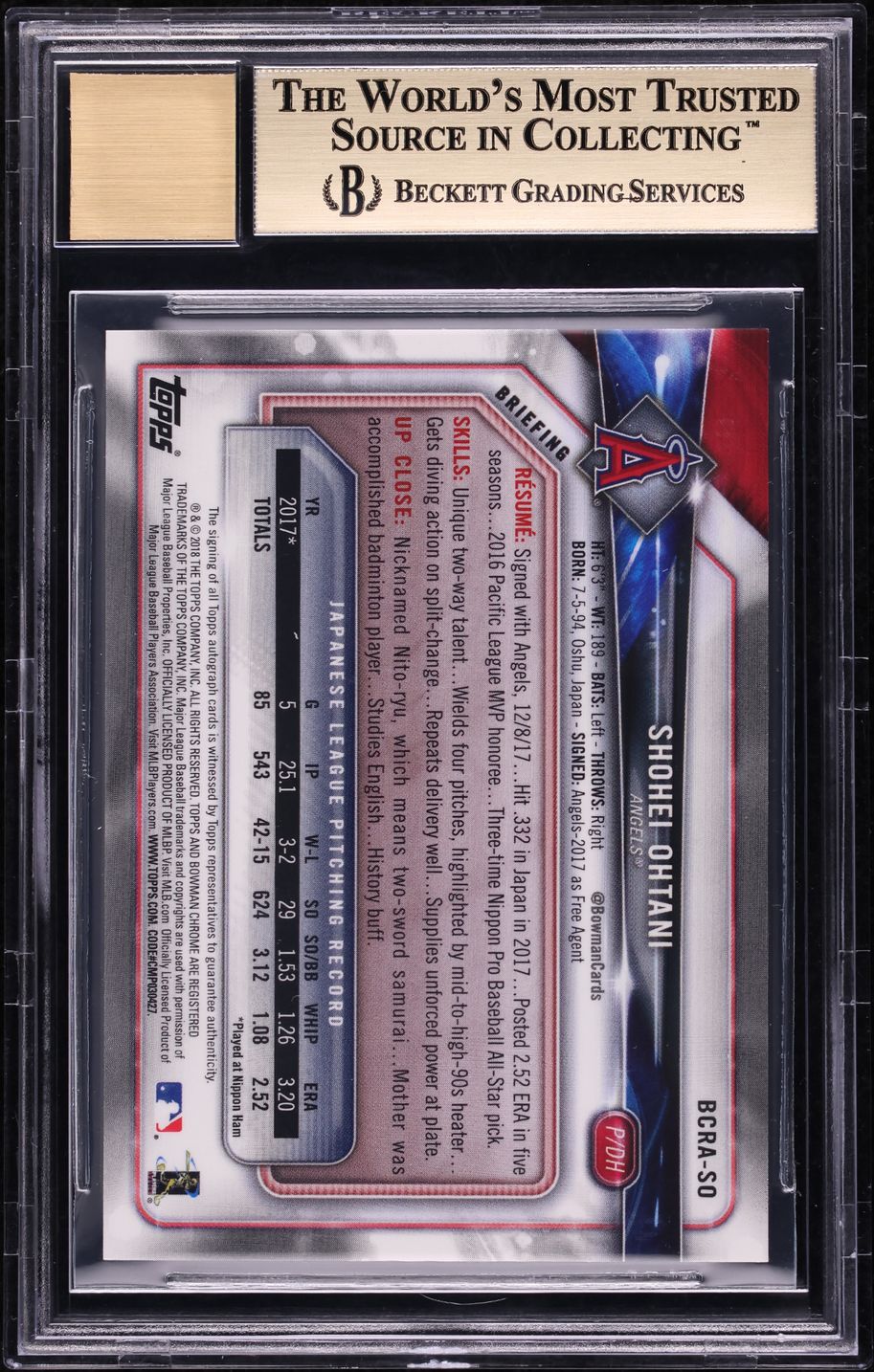 2018 Bowman Chrome Gold Refractor Shohei Ohtani ROOKIE AUTO /50 BGS 9.5 GEM MINT