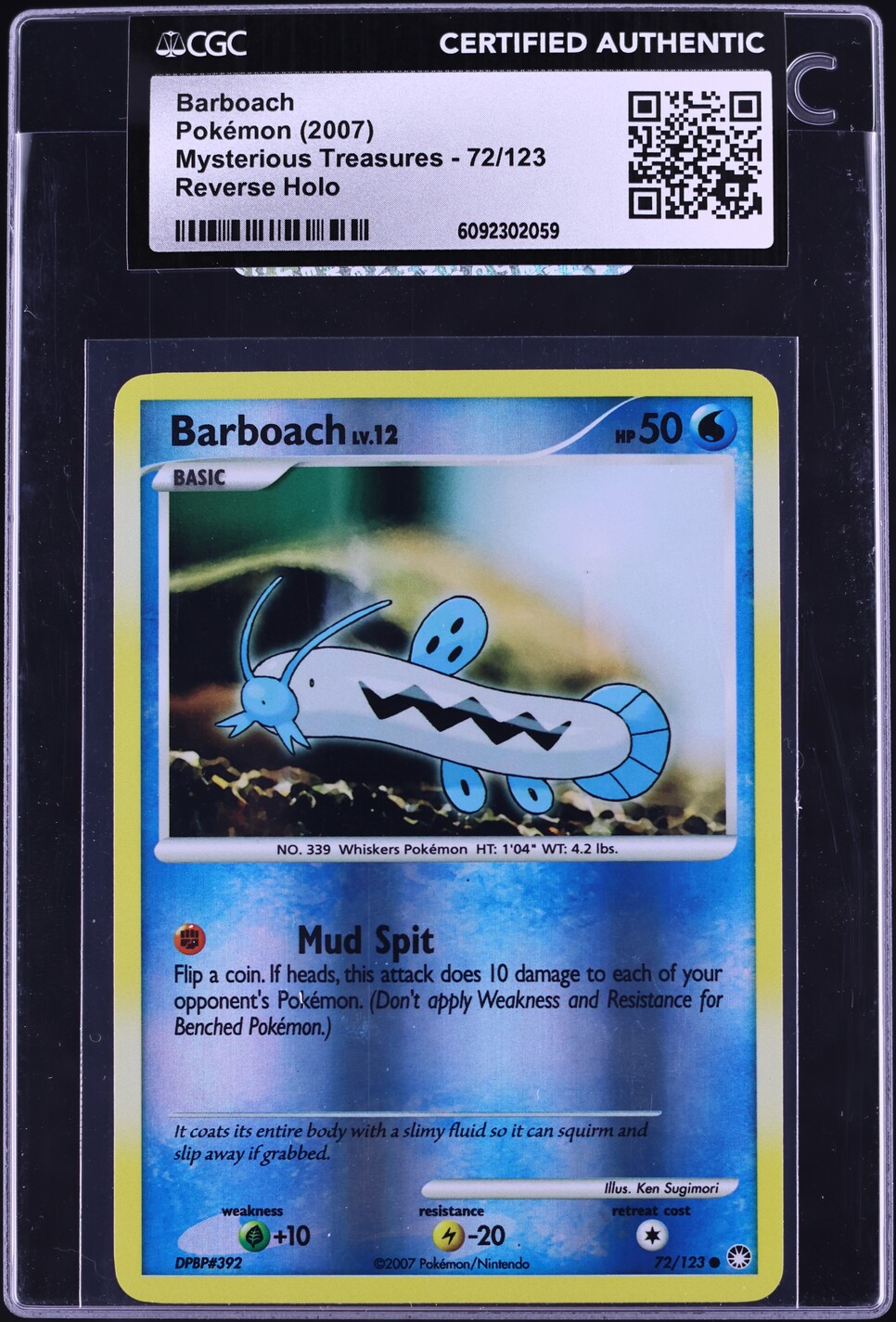 2007 Pokemon Diamond & Pearl Mysterious Treasures Reverse Holo Barboach #72 CGC AUTH