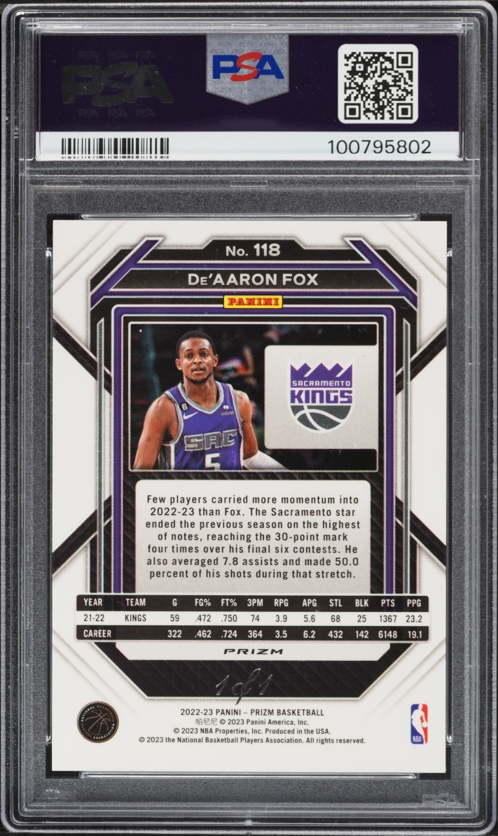 2022 Panini Prizm Nebula Choice De'Aaron Fox 1/1 #118 PSA 8 NM-MT