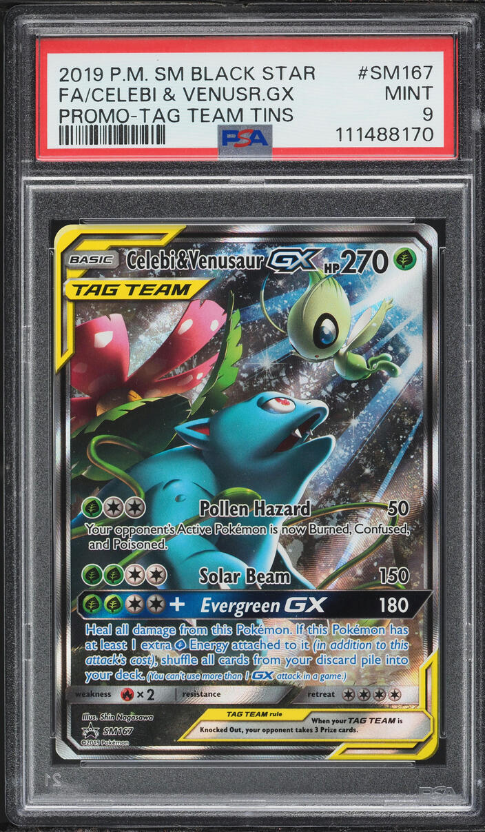 2019 Pokemon Sun & Moon Promo Tag Team Tins Full Art Celebi & Venusaur GX #SM167 PSA 9 MINT