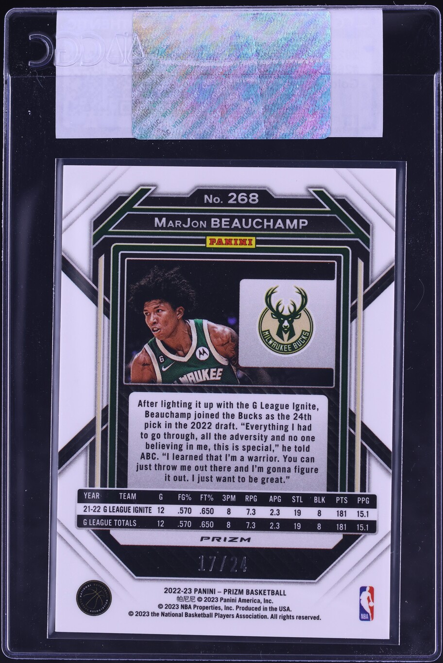 2022 Panini Prizm Gold Sparkle MarJon Beauchamp ROOKIE /24 #268 CGC AUTH