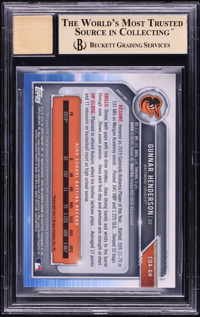 2019 Bowman Chrome Gold Refractor Gunnar Henderson PROSPECT AUTO 2/50 BGS 9.5