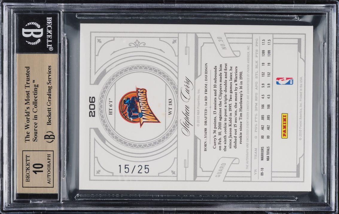 2009 National Treasures Gold Stephen Curry ROOKIE PATCH AUTO /25 #206 BGS 9.5