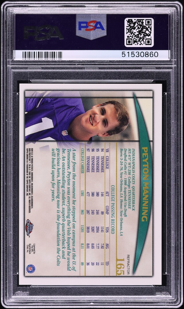 1998 Topps Chrome Refractor Peyton Manning ROOKIE #165 PSA 8 NM-MT