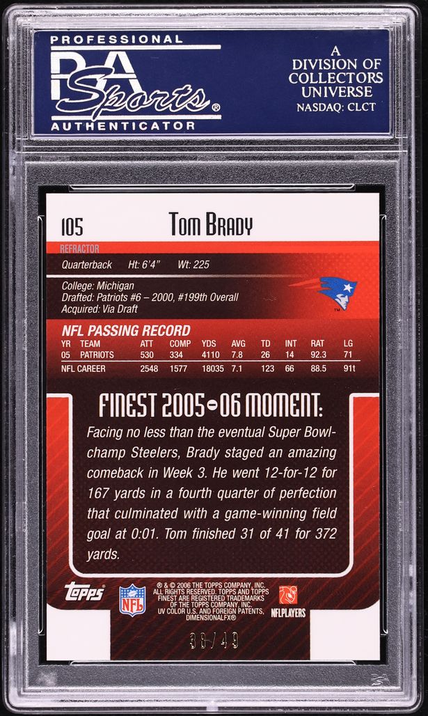 2006 Finest Gold Refractor Tom Brady /49 #105 PSA 10 GEM MINT