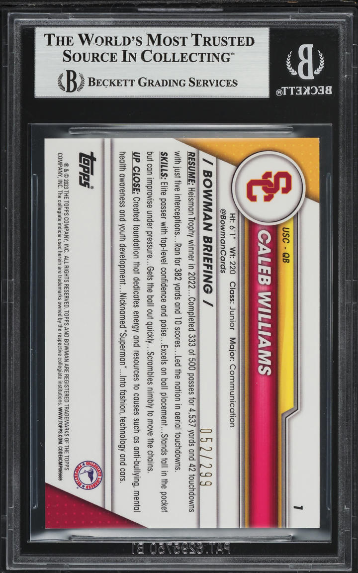 2023 Bowman Chrome University Aqua Refractor Caleb Williams ROOKIE /299 #1 BGS 9
