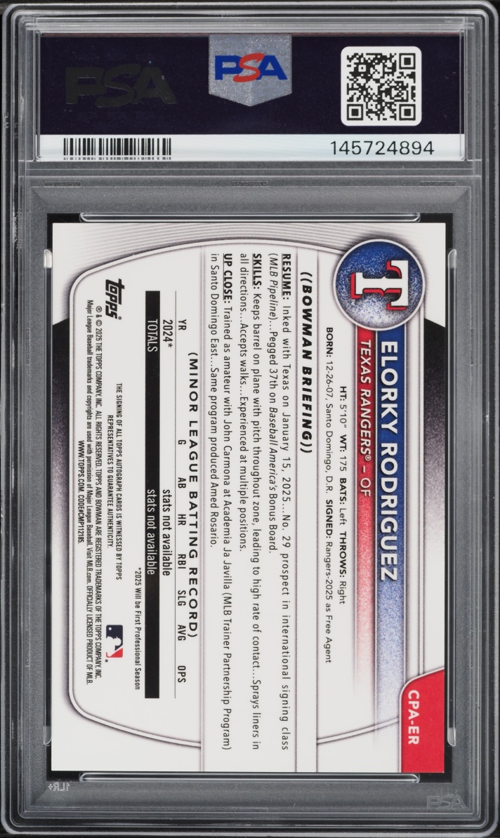2025 Bowman Chrome Yellow Refractor Elorky Rodriguez PROSPECT AUTO /75 #CPA-ER PSA 9 MINT