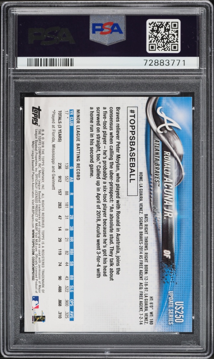 2018 Topps Update White Jersey With Bat Ronald Acuna Jr. ROOKIE #US250 PSA 9 MINT