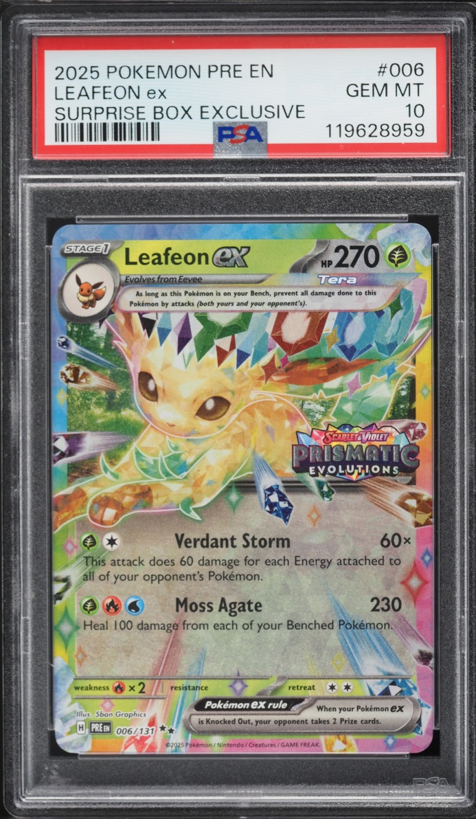2025 Pokemon SV Prismatic Evolutions Surprise Box Exclusive Holo Leafeon ex #6 PSA 10 GEM MINT