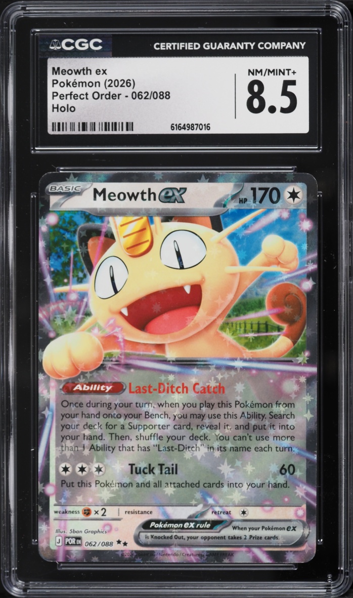 2026 Pokemon Mega Evolution Perfect Order Holo Meowth ex #062 CGC 8.5 NM-MT+
