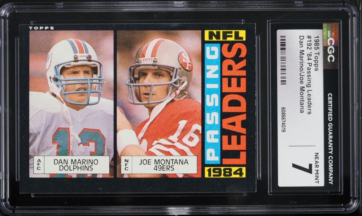 1985 Topps Football Dan Marino & Joe Montana '84 PASSING LEADERS #192 CGC 7 NRMT