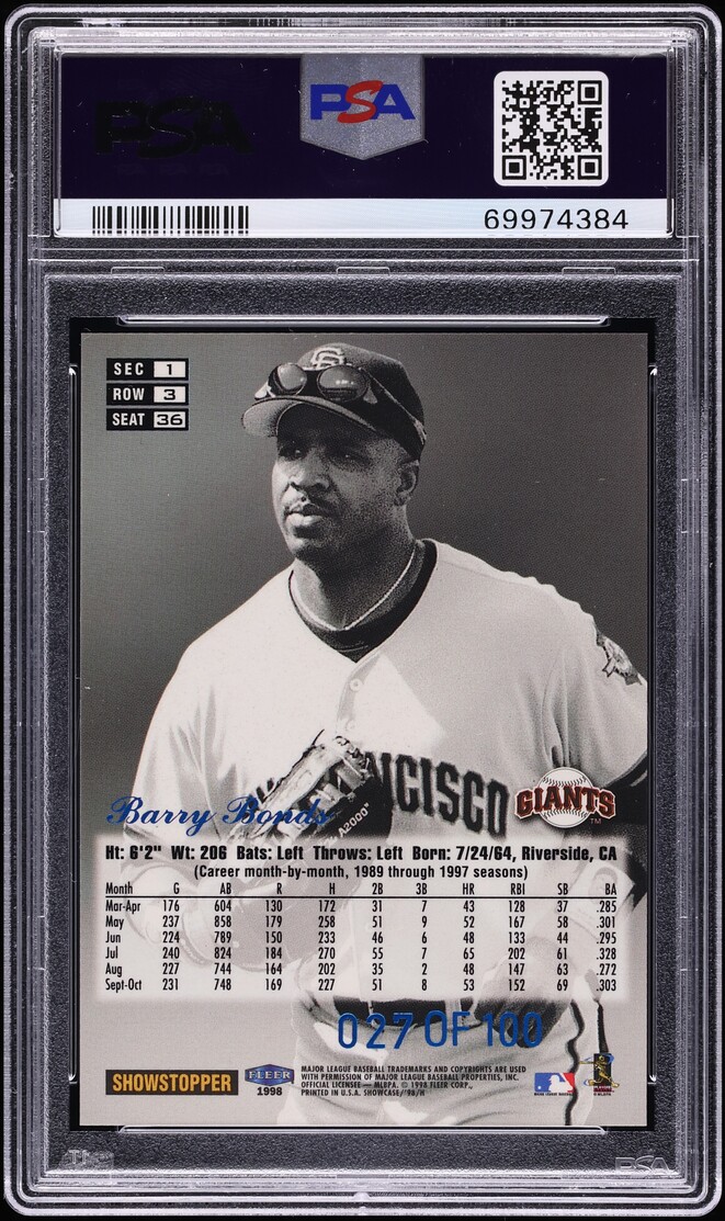 1998 Flair Showcase Legacy Collection Row 3 Barry Bonds /100 #36 PSA 9 MINT