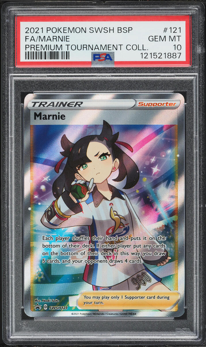 2021 Pokemon Sword & Shield Promo Premium Tournament Full Art Marnie #121 PSA 10 GEM MINT