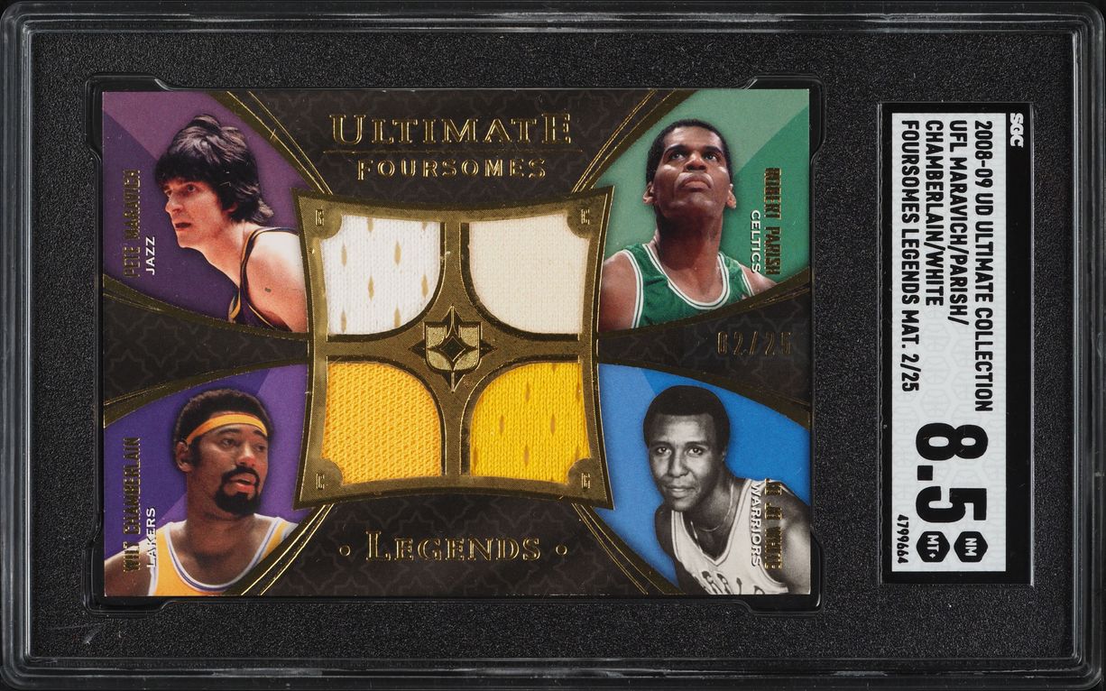 2008 Ultimate Collection Legends Chamberlain Maravich Parish White PATCH /25 SGC 8.5 NM-MT+