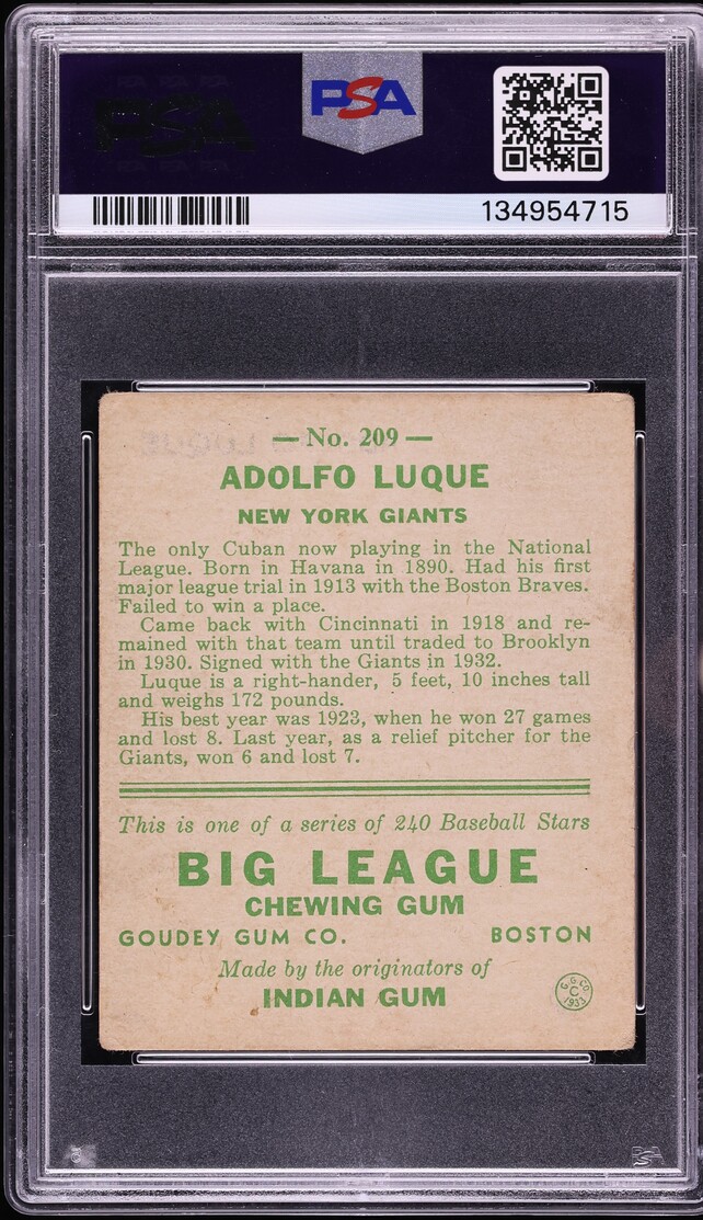 1933 Goudey Adolfo Luque #209 PSA 3 VG