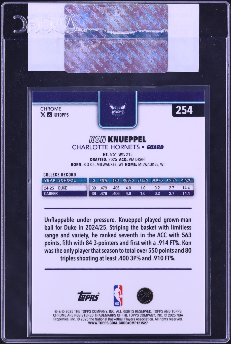 2025 Topps Chrome Blue Xfractor Kon Knueppel ROOKIE #254 CGC AUTH
