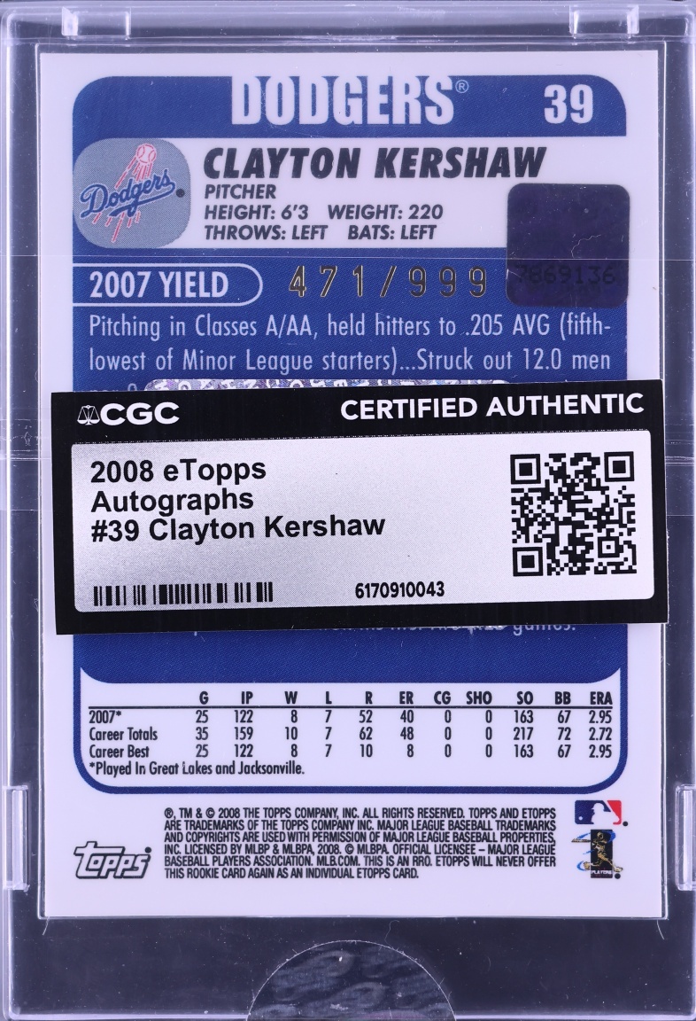2008 eTopps Clayton Kershaw ROOKIE AUTO /999 #39 CGC AUTH