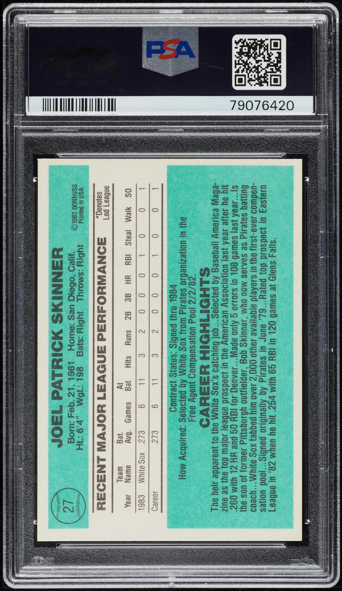 1984 Donruss Joel Skinner #27 PSA 9 MINT