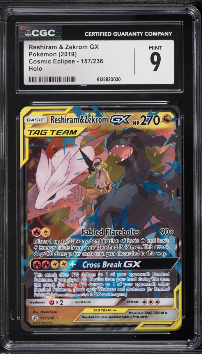 2019 Pokemon Sun & Moon Cosmic Eclipse Holo Reshiram & Zekrom GX #157 CGC 9 MINT