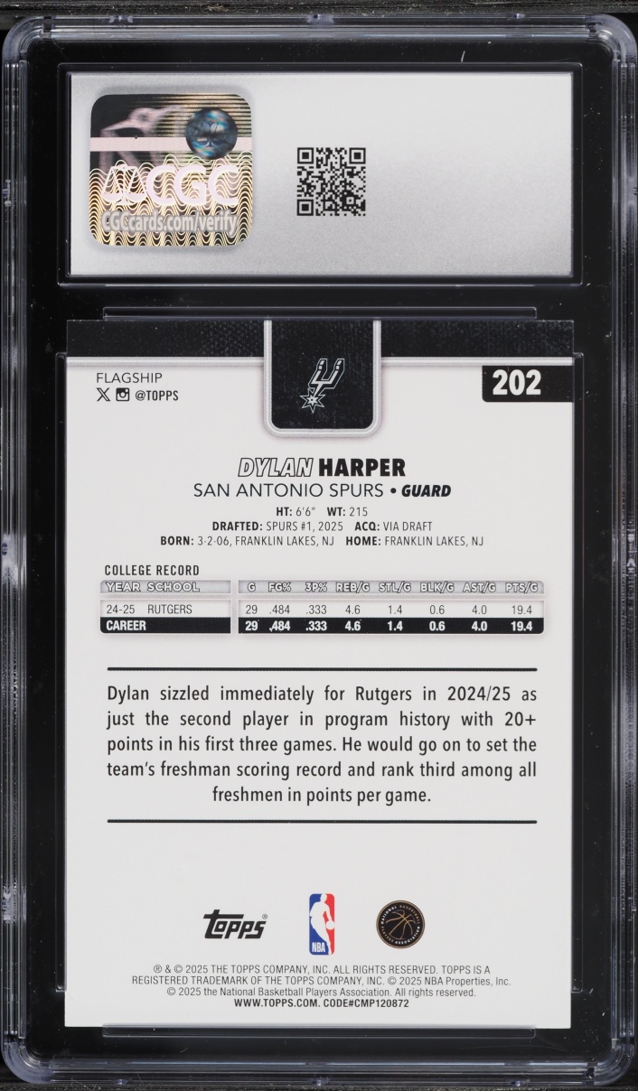 2025 Topps Basketball Dylan Harper ROOKIE #202 CGC 9.5 MINT+