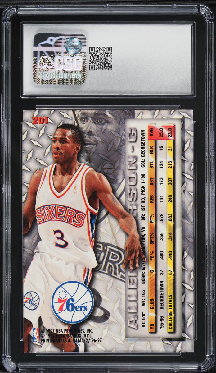 1996 Metal Basketball Allen Iverson ROOKIE #201 CSG 7.5 NRMT+