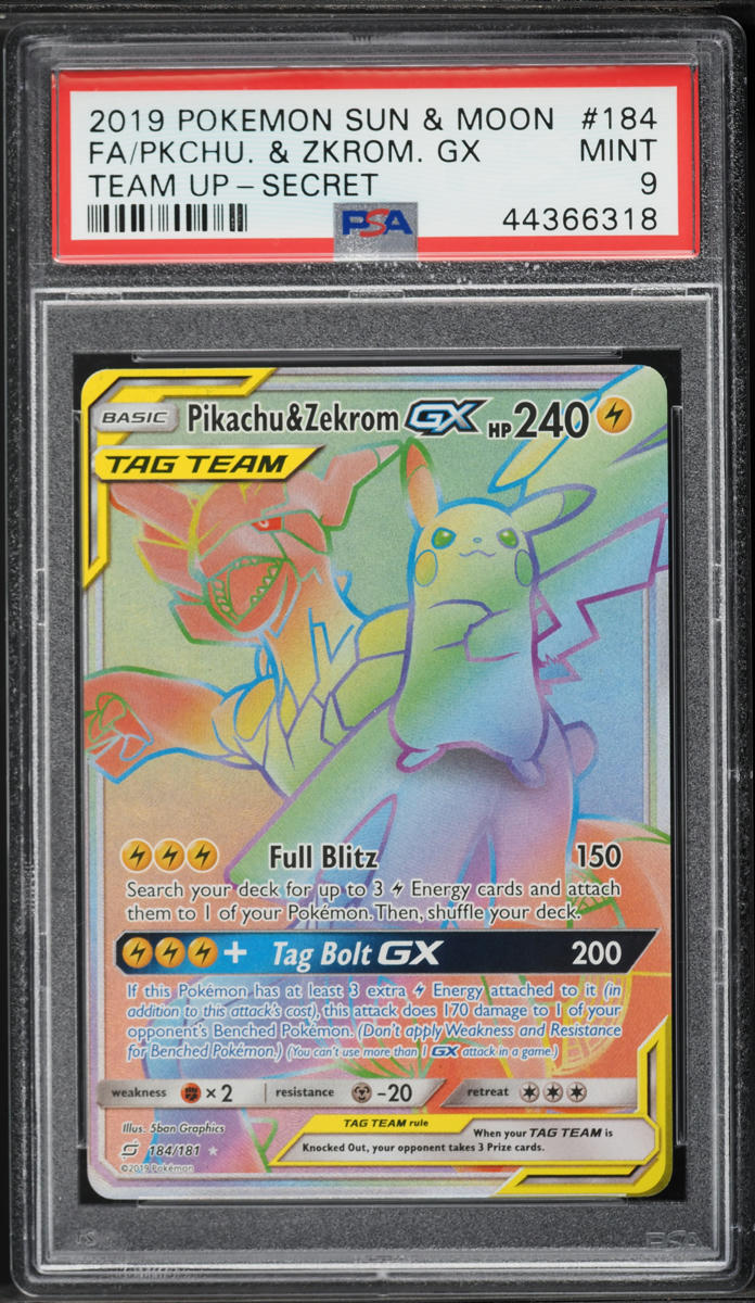 2019 Pokemon Sun & Moon Team Up Rainbow Rare Pikachu & Zekrom GX #184 PSA 9 MINT
