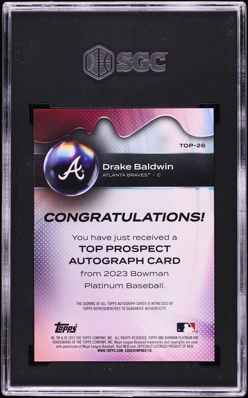 2023 Bowman Platinum Top Drake Baldwin PROSPECT AUTO #TOP-26 SGC 9.5 MINT+