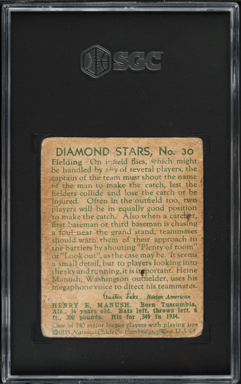 1934 Diamond Stars Heinie Manush #30 SGC AUTH