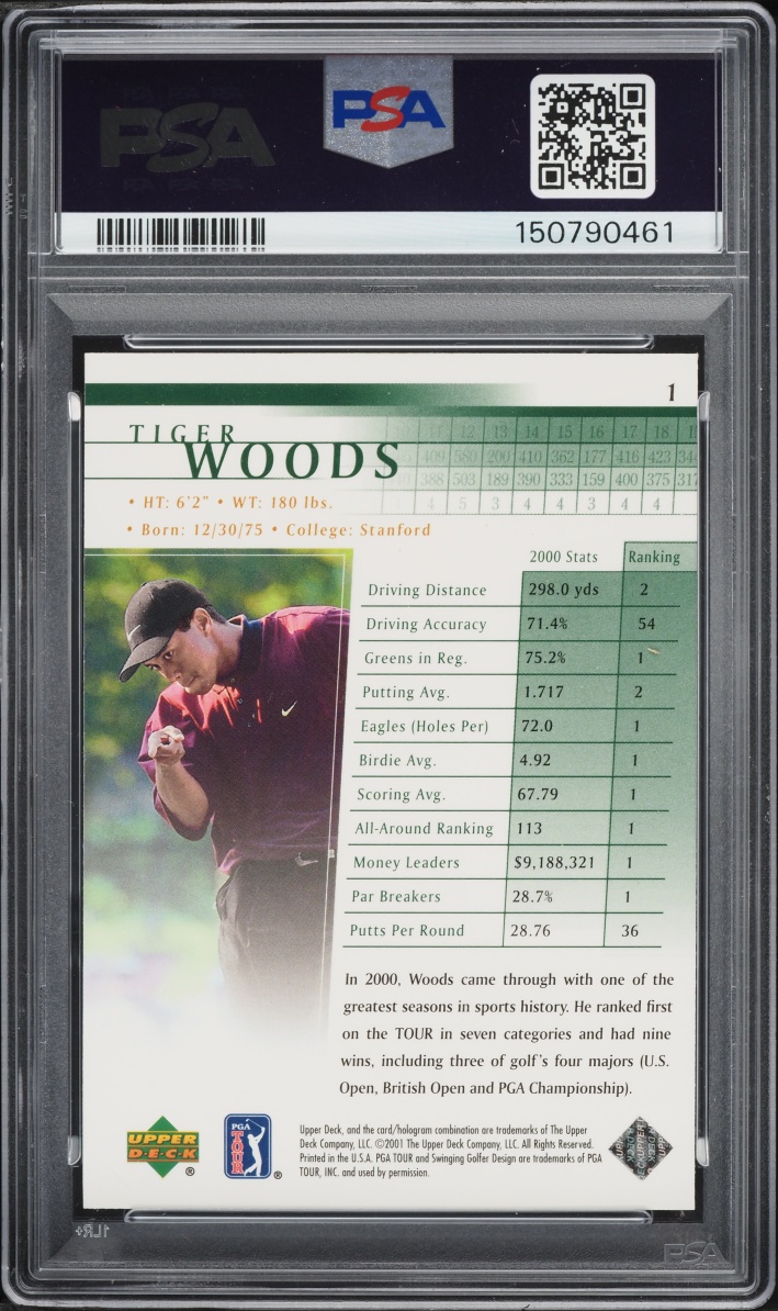 2001 Upper Deck Golf Tiger Woods ROOKIE #1 PSA 8 NM-MT