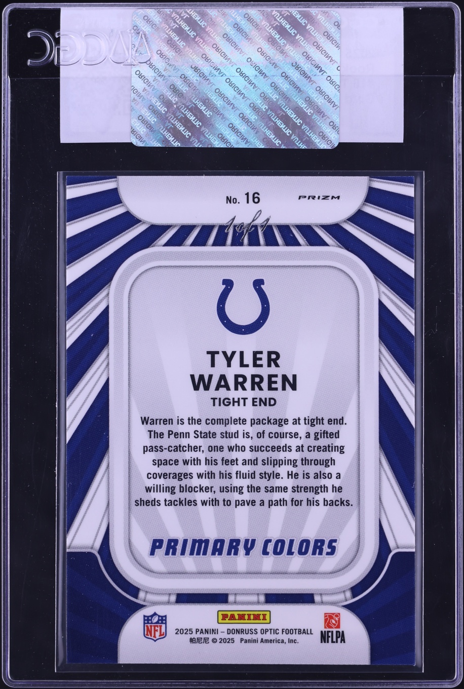 2025 Donruss Optic Primary Colors Gold Vinyl Tyler Warren ROOKIE 1/1 #16 CGC AUTH - Photo 2