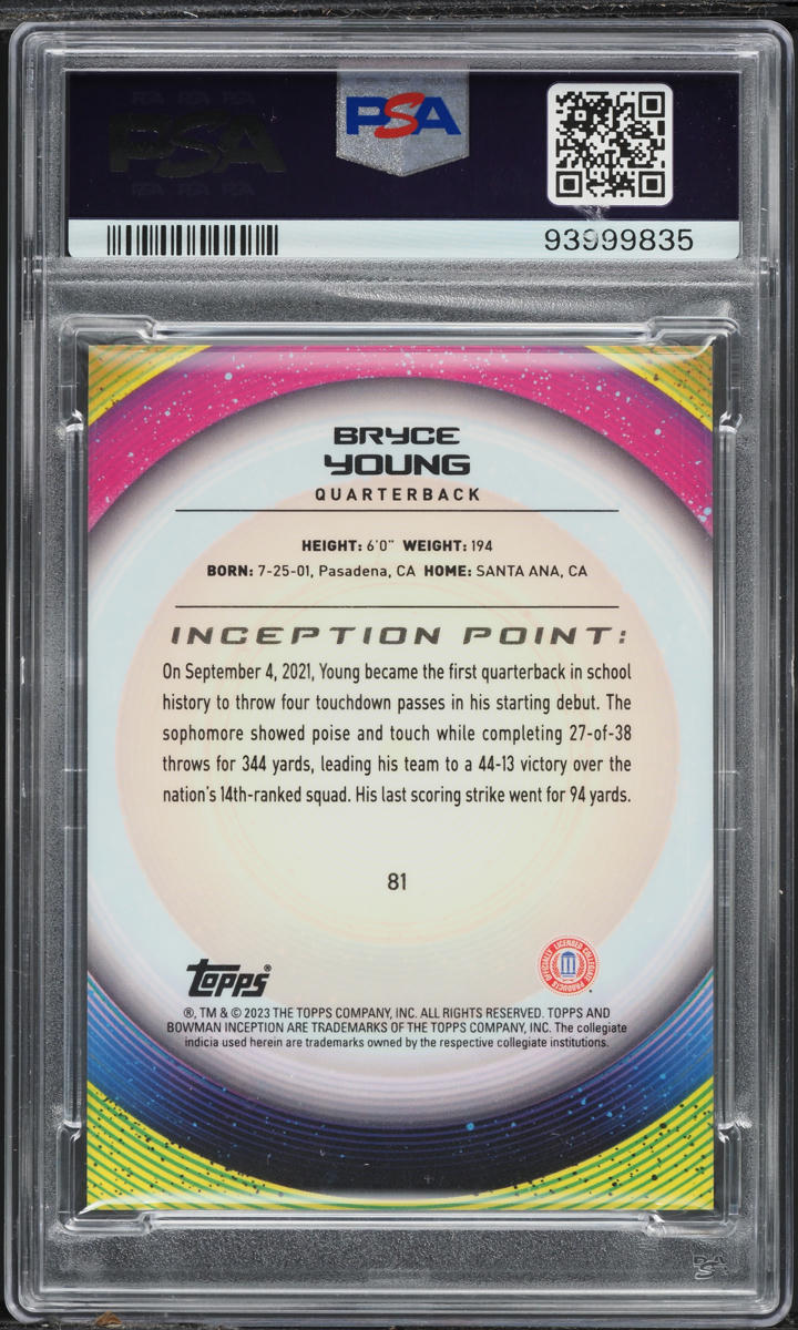 2022 Bowman University Inception Aqua V1 Foil Bryce Young ROOKIE /199 #81 PSA 9