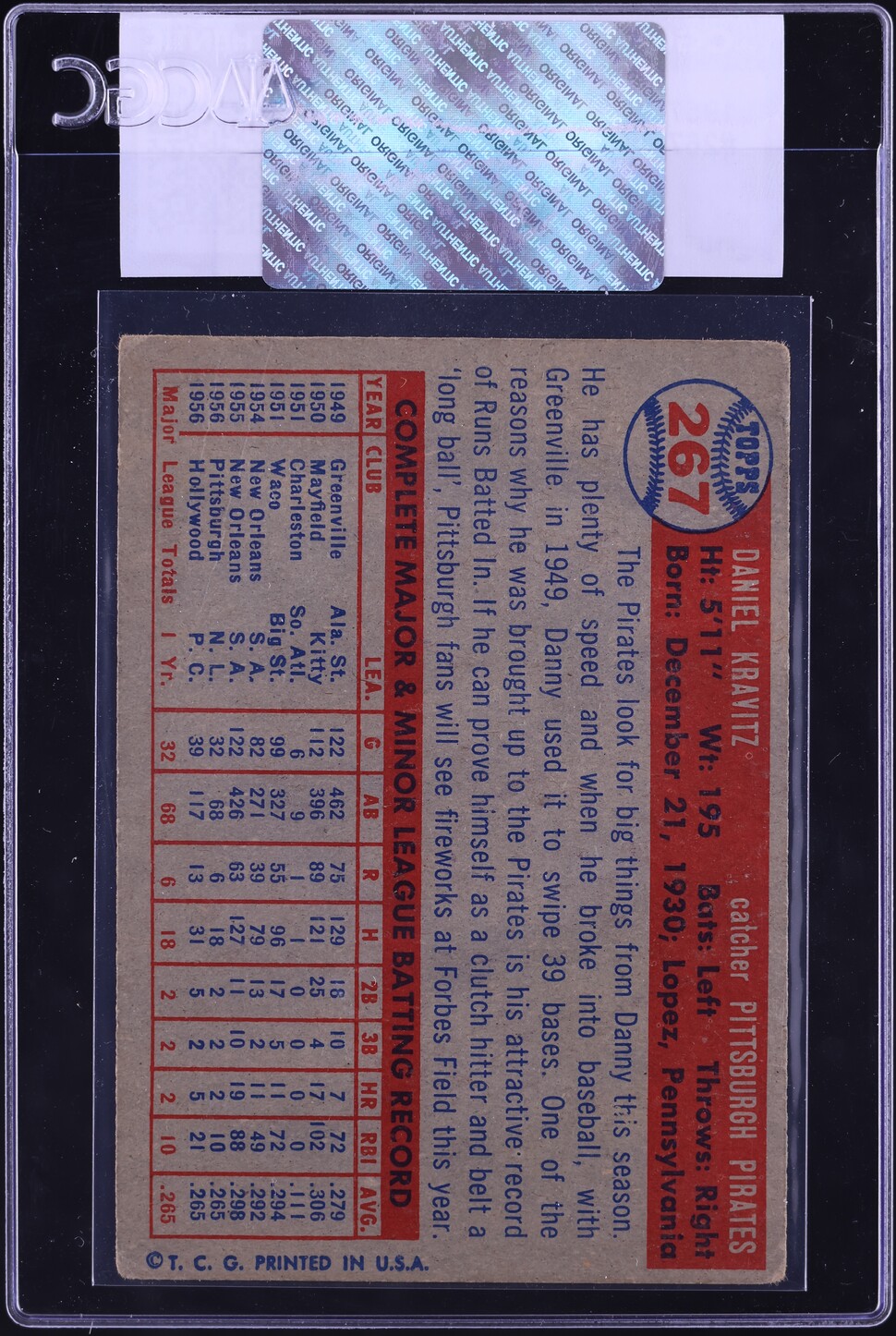 1957 Topps Danny Kravitz #267 CGC AUTH