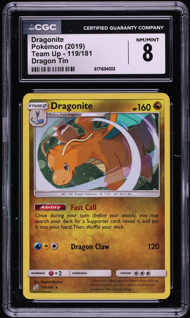 2019 Pokemon Sun & Moon Team Up Dragon Tin Cosmic Holo Dragonite #119 CGC 8 NM-MT